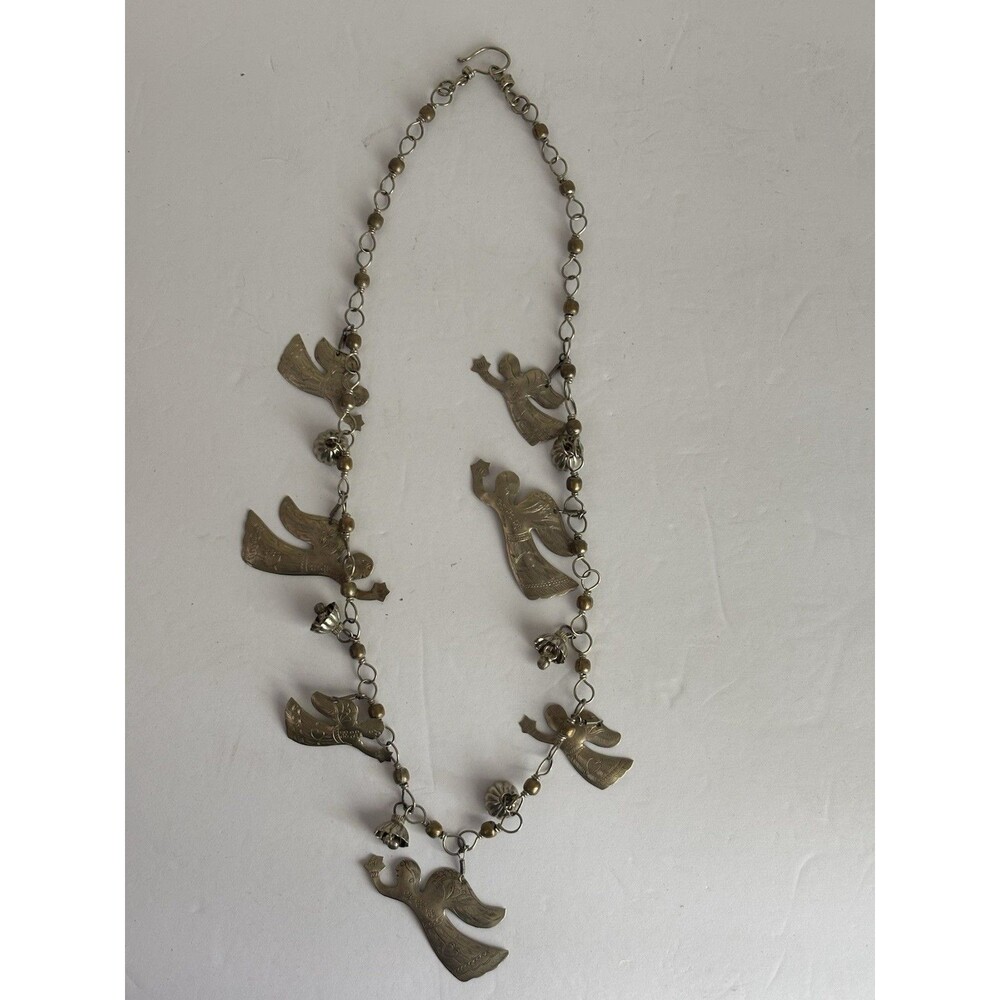 Vintage Silver Christmas Angels & Bells Necklace, Religious, Old Handmade Beads